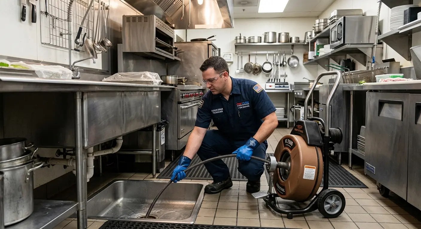 Commercial drain cleaning service in a restaurant kitchen in Fort Hunt