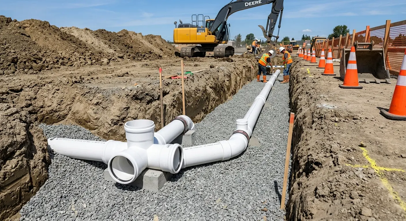 New PVC sewer pipe installation in open trench for Sewer Backup in Fort Hunt