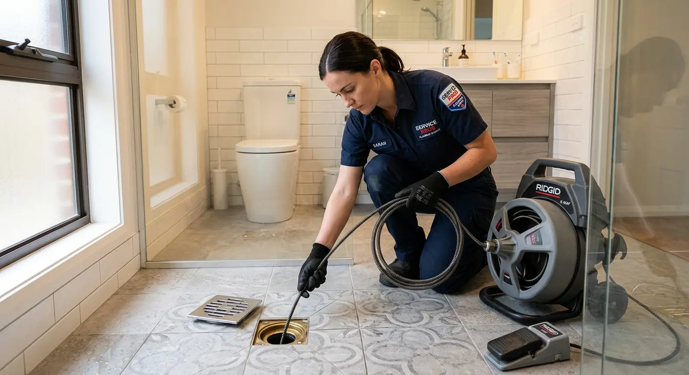 Technician clearing a bathroom floor drain for Hydro Jetting in Fort Hunt